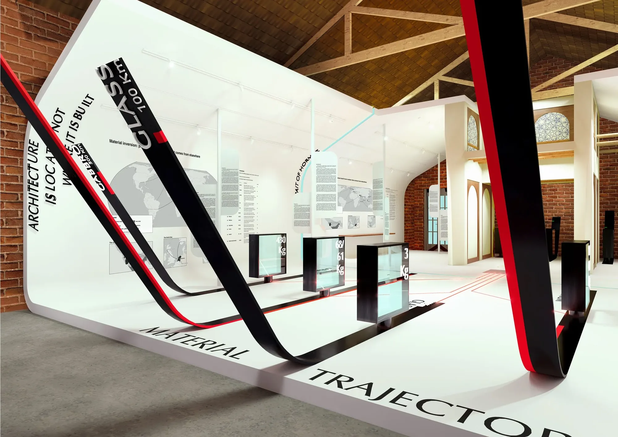 Material Cartographies, Venice, Italy: Material trajectories: steel ribbons across the hall