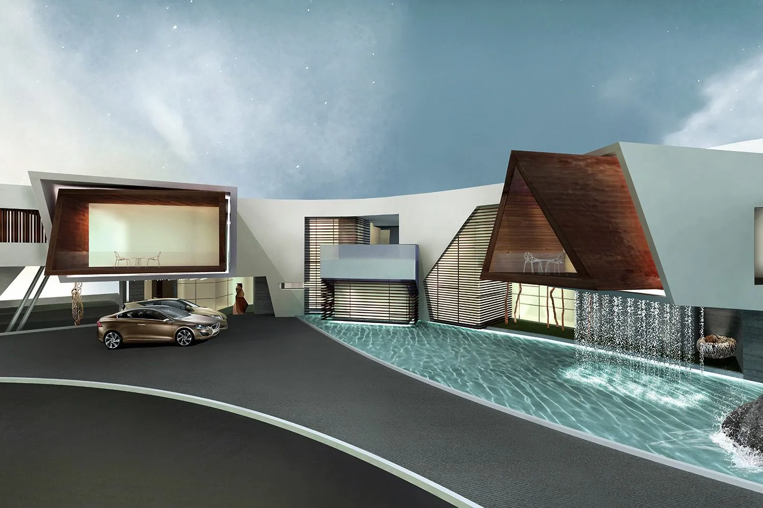 House of Cantilevers: Entrance court and pool