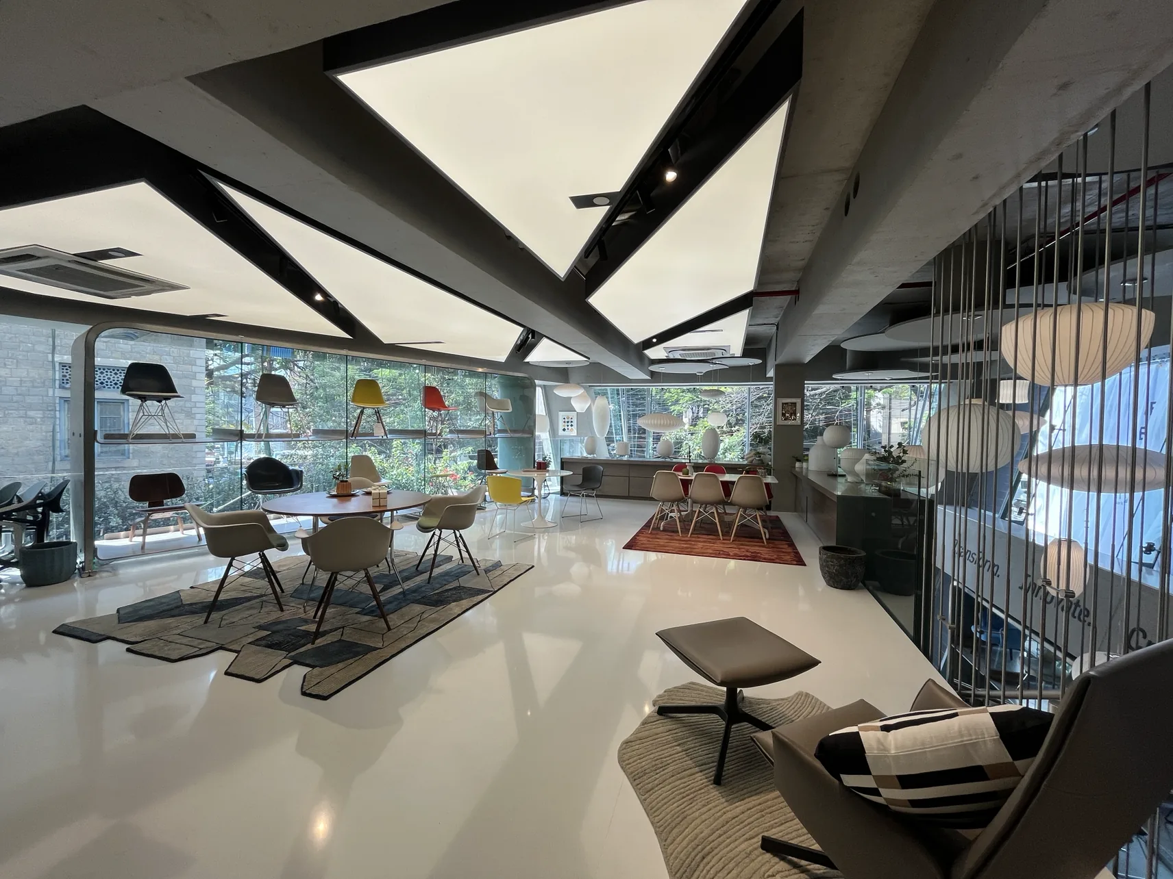 MillerKnoll Experience Center: The gallery floor under the triangular light panels