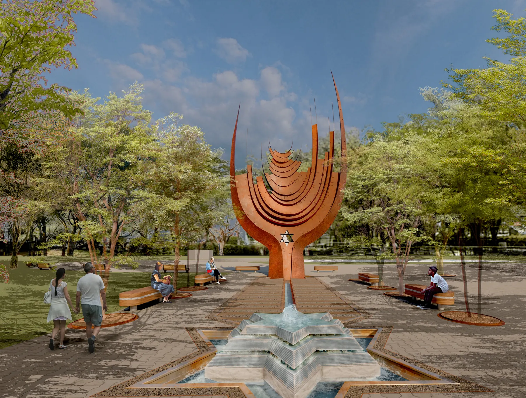 Tree of Life: From the entry, across the Star of David fountain