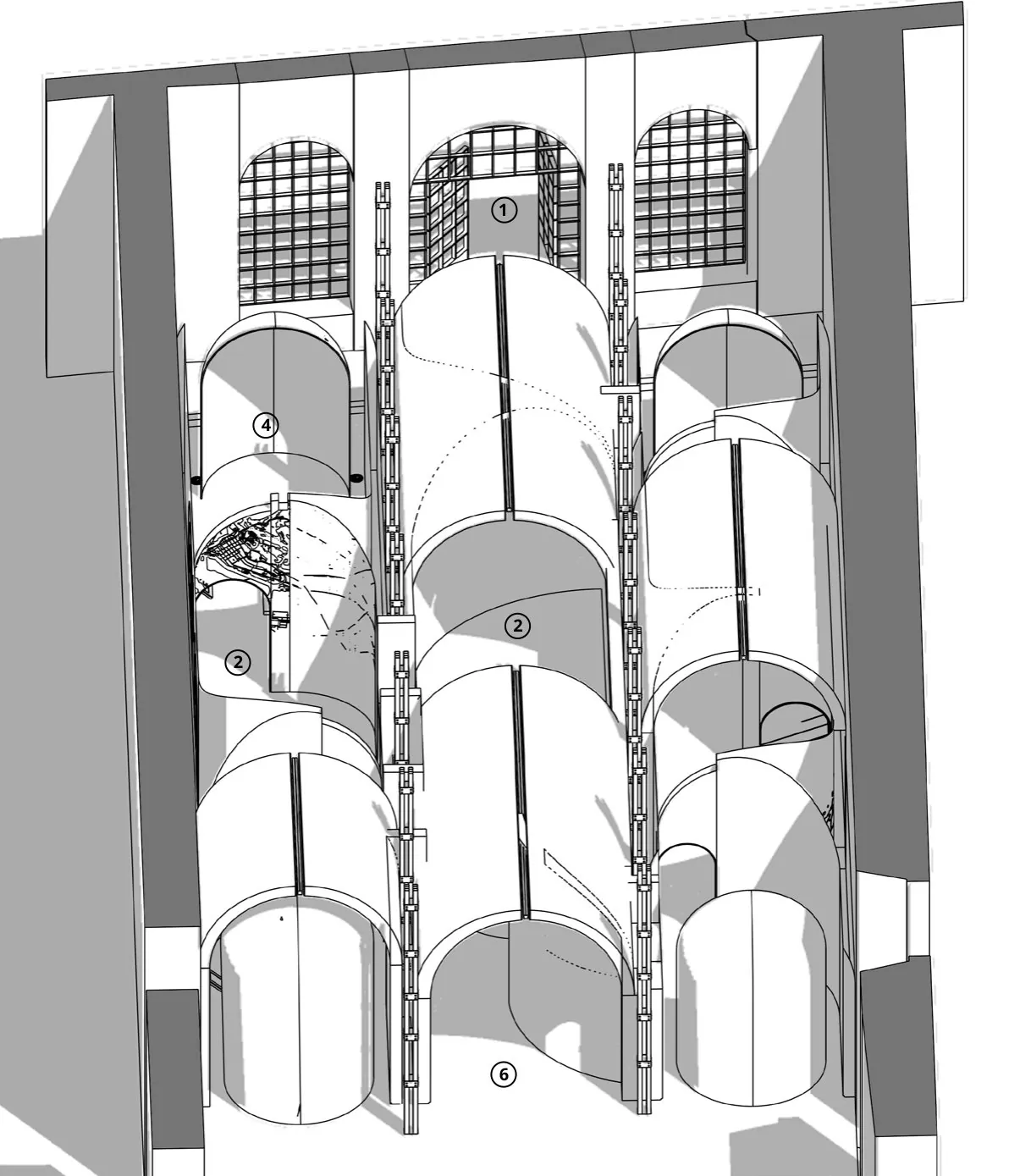 The Measured City: Exploded axonometric view of the galleries