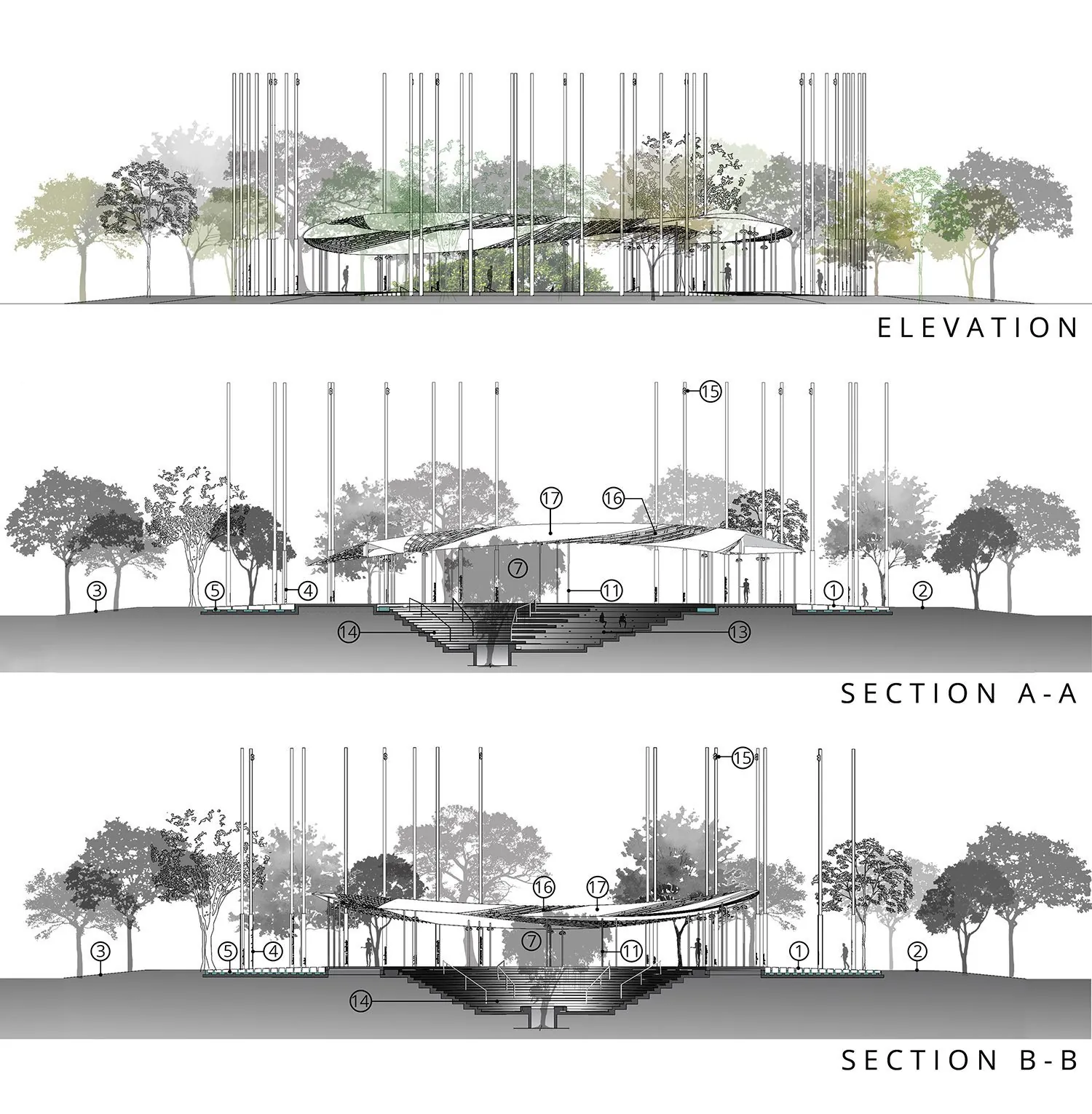 National Unity Pavilion: Elevation and sections